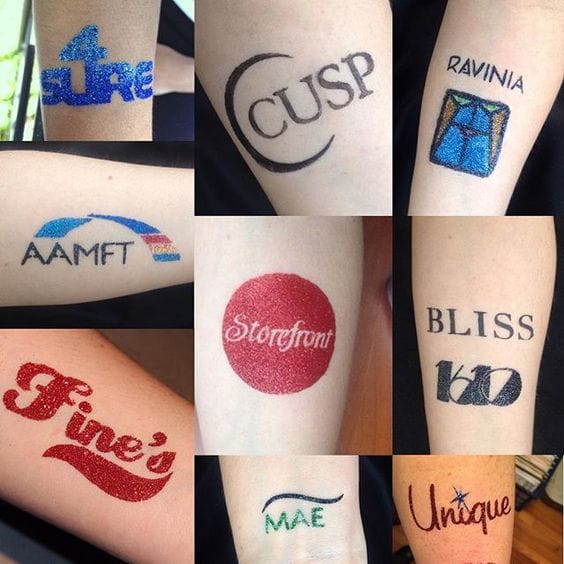 A collage of nine different temporary tattoos on skin, each featuring a unique word or logo design.